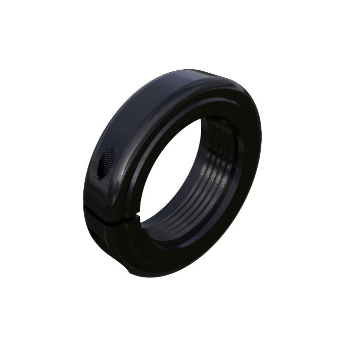 A black, circular metal component with an internal thread and a screw hole on the side, ideal for 100x10mm hubs, the Onyx Axle Locking Nut.