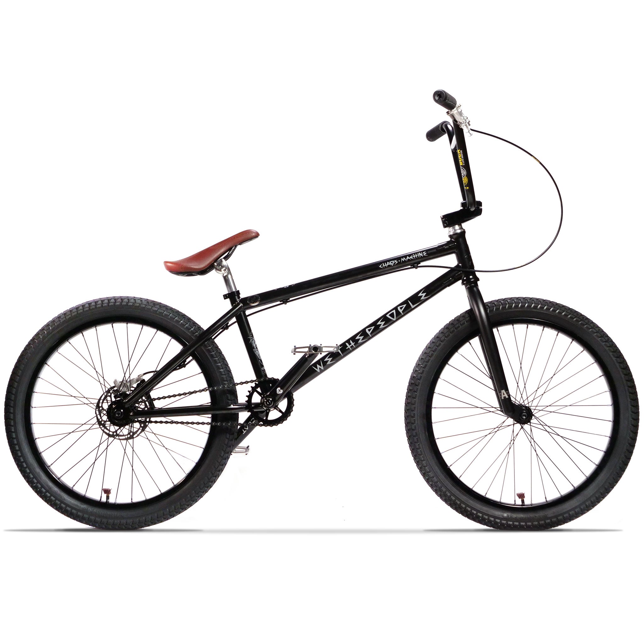 A black BMX bike with a brown saddle, labeled "Wethepeople Chaos Machine 22 Inch Custom Bike" on the frame, and featuring an Eclat Exile setup, positioned against a white background.