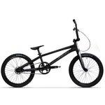 The Radio Quartz Pro XXL Bike 2025, a black BMX bicycle featuring a sleek, lightweight hydro-formed frame, straight handlebars, and thick tires, is shown against a white background.