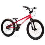 A custom race bike akin to the Meybo Holeshot Junior, this red BMX model features black handlebars and tires. The frame is emblazoned with "HOLESHOT" and "Haro." Complete with pedals, a kickstand, and BOX carbon forks, it stands out as a high-performance machine.