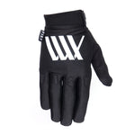 The LUXBMX X FIST V2 Gloves in Black/White are the perfect choice for bikers who value style and grip. These ultra-thin gloves feature "FIST" emblazoned on the fingers and showcase a sleek logo with three white stripes on the back, available at LUXBMX.