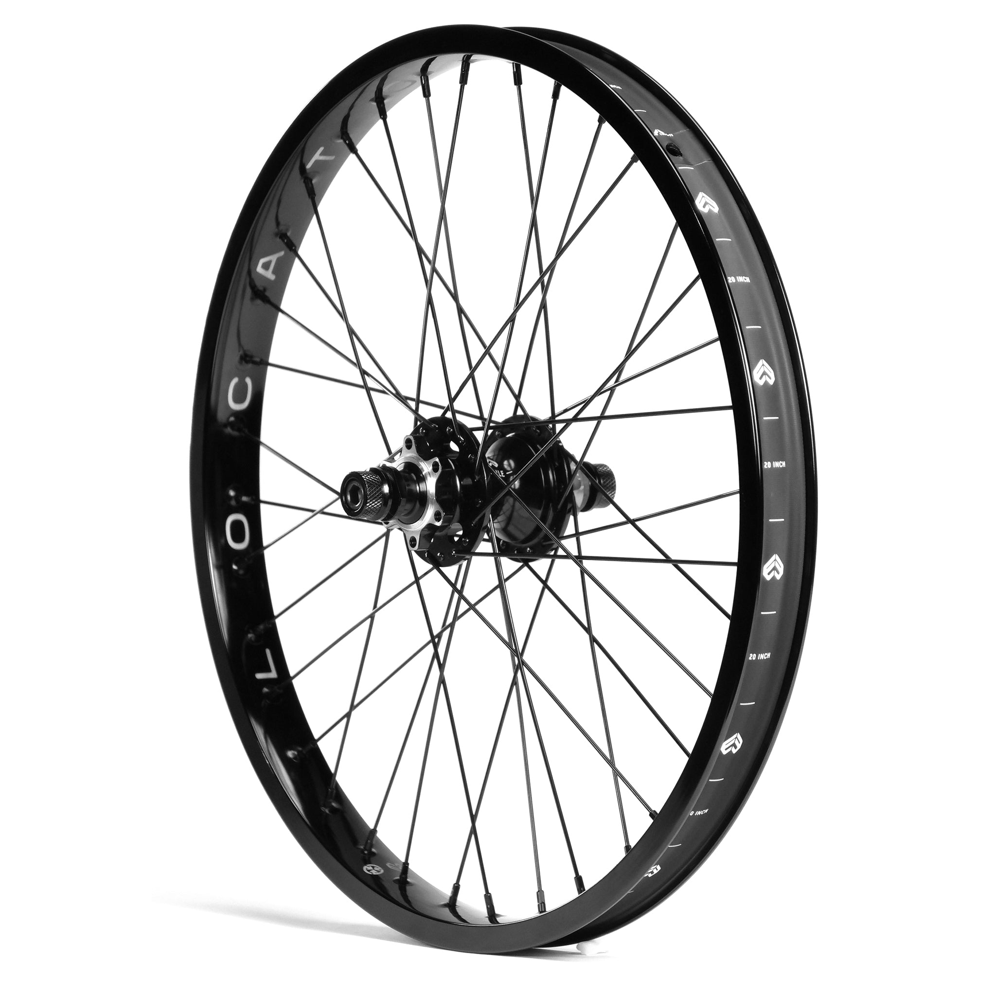 The Eclat Locater / Exile Rear Wheel, with a black rim, spokes, and hub, stands upright against a white background. It features LOCATOR rim technology and a disc brake rotor mount for superior performance.