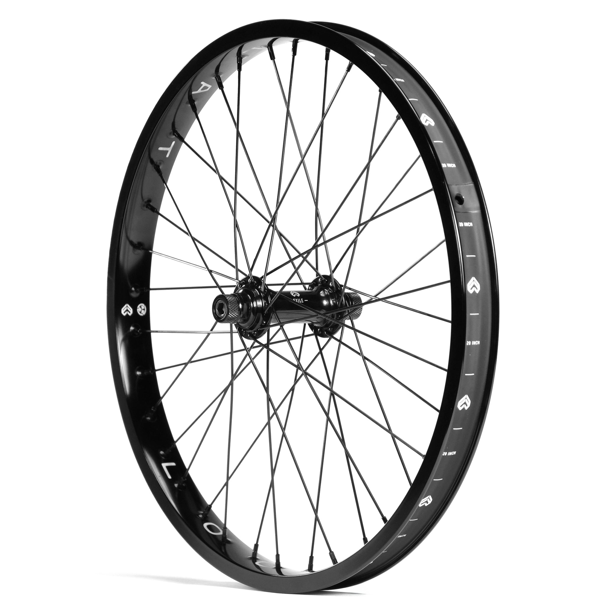 A black Eclat Locater / Exile Front Wheel showcases a sleek design with Éclat steel spokes, featuring a central hub and branded lettering on the rim.