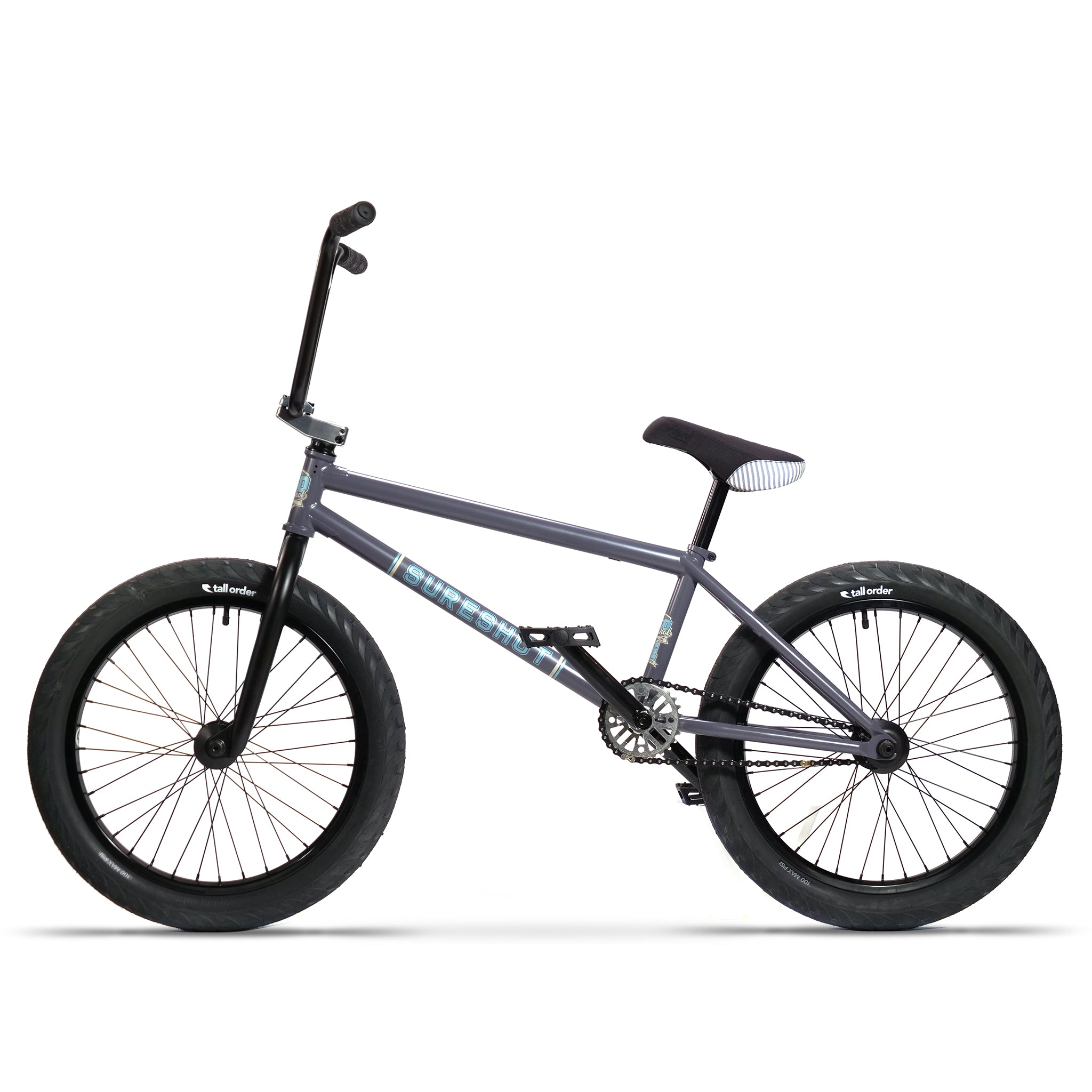 The BSD Long Shot Custom BMX Bike features a sleek black frame, thick tires, and high handlebars, showcased from the side against a white background.