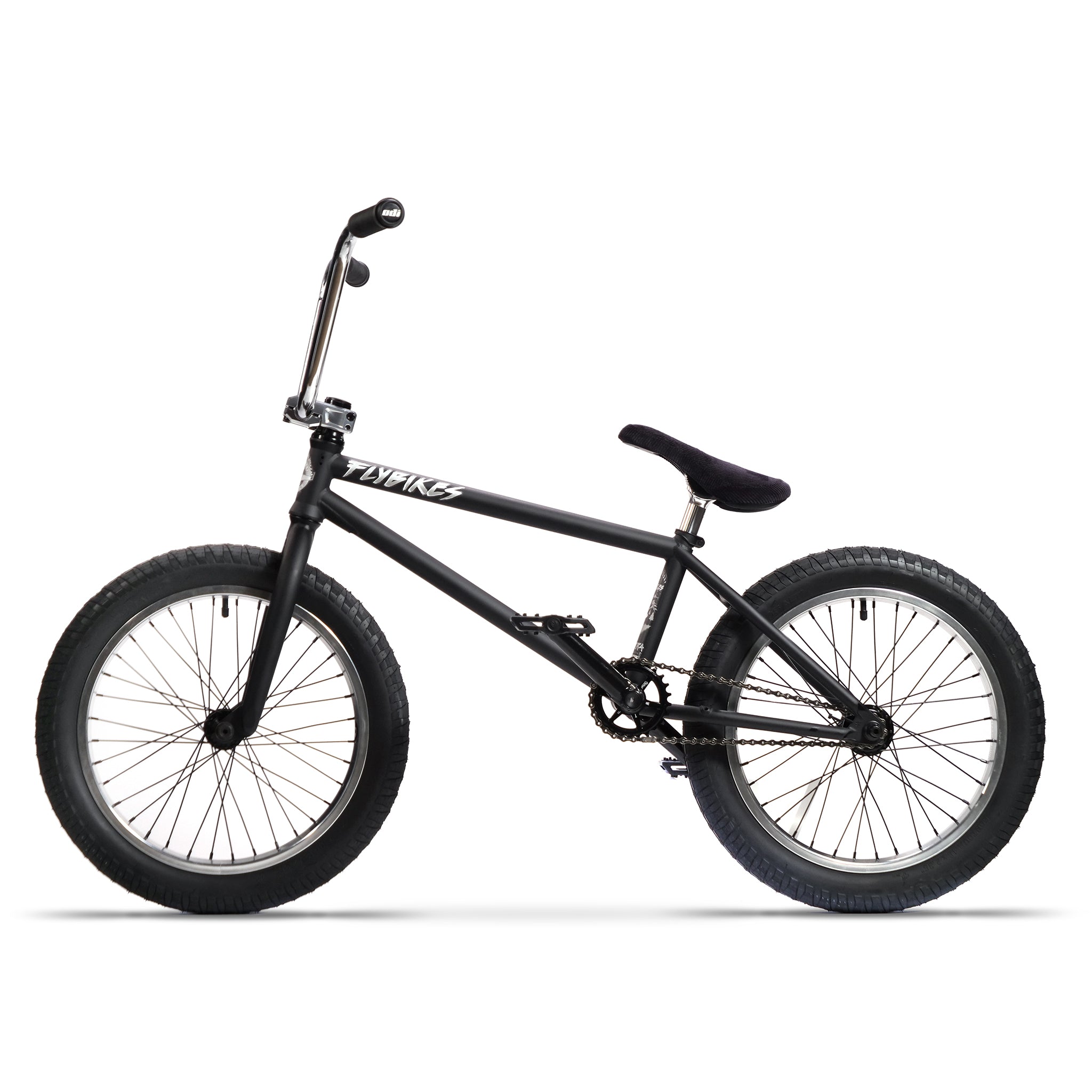 The Fly Bikes Pajarito Custom 18 Inch BMX Bike features a compact frame, elevated handlebars, and thick tires.