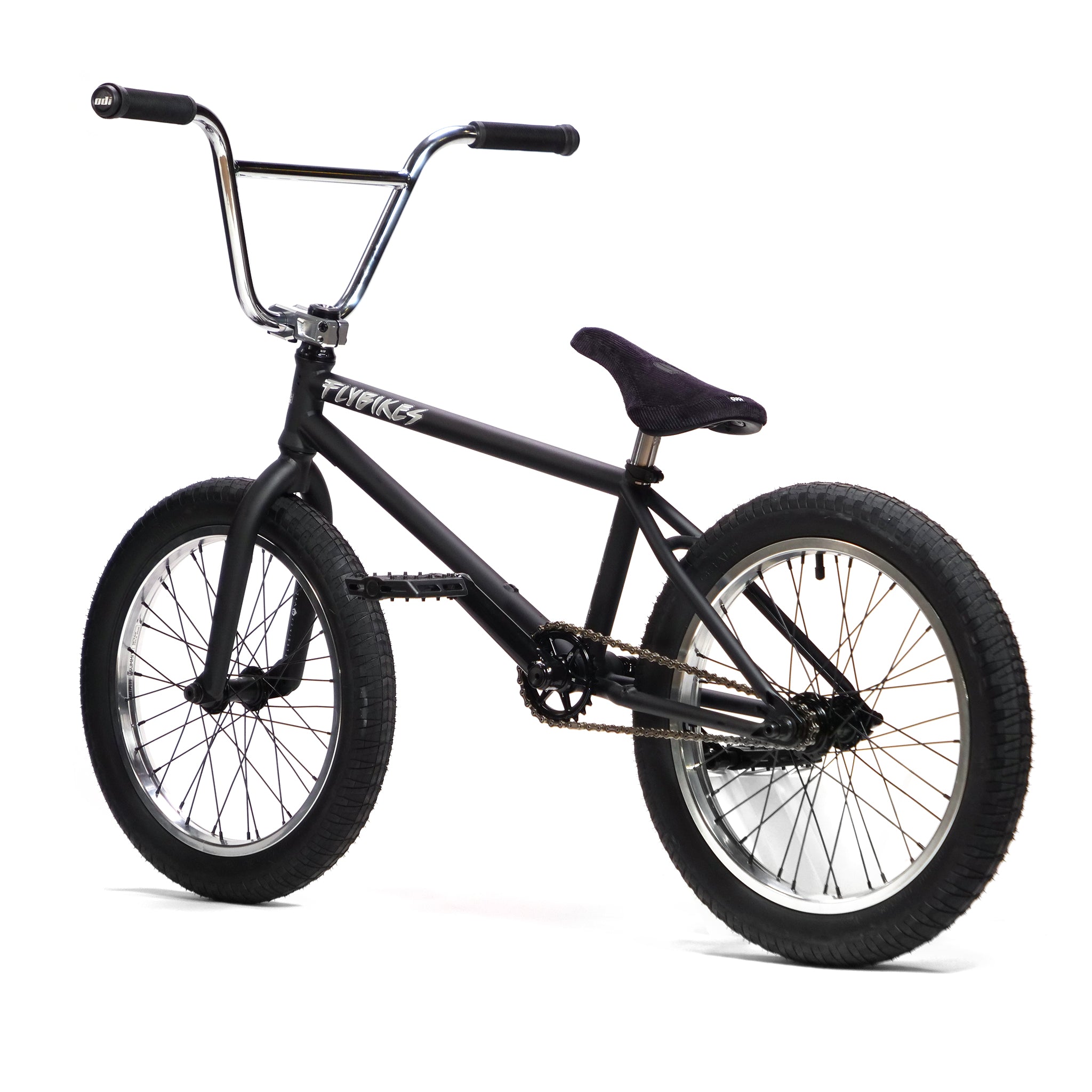 The Fly Bikes Pajarito Custom 18 Inch BMX Bike, featuring thick tires, a black seat, and chrome handlebars, stands against a white background.