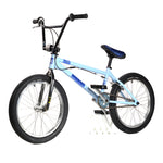 The Hoffman TAJ Trend Adjacent Joy 20 Inch Custom Bike features a blue BMX freestyle design with black handlebars, a matching blue seat, and two pegs on each wheel, capturing the classic style of iconic Hoffman bikes.