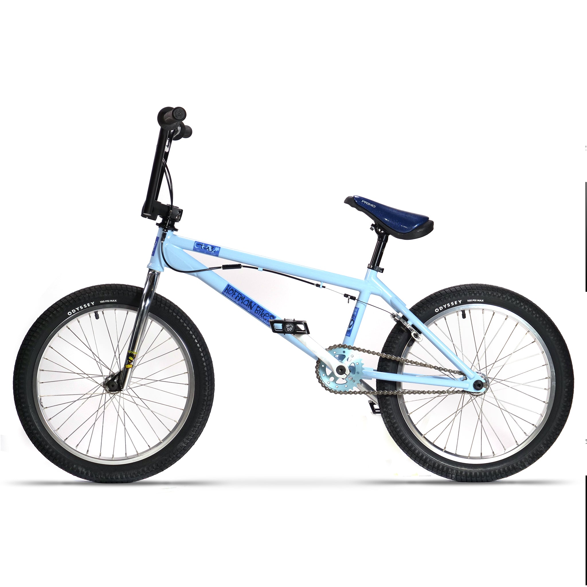 The Hoffman TAJ Trend Adjacent Joy, a custom 20-inch freestyle BMX bike with black handlebars and a blue seat, is showcased against a pristine white background.