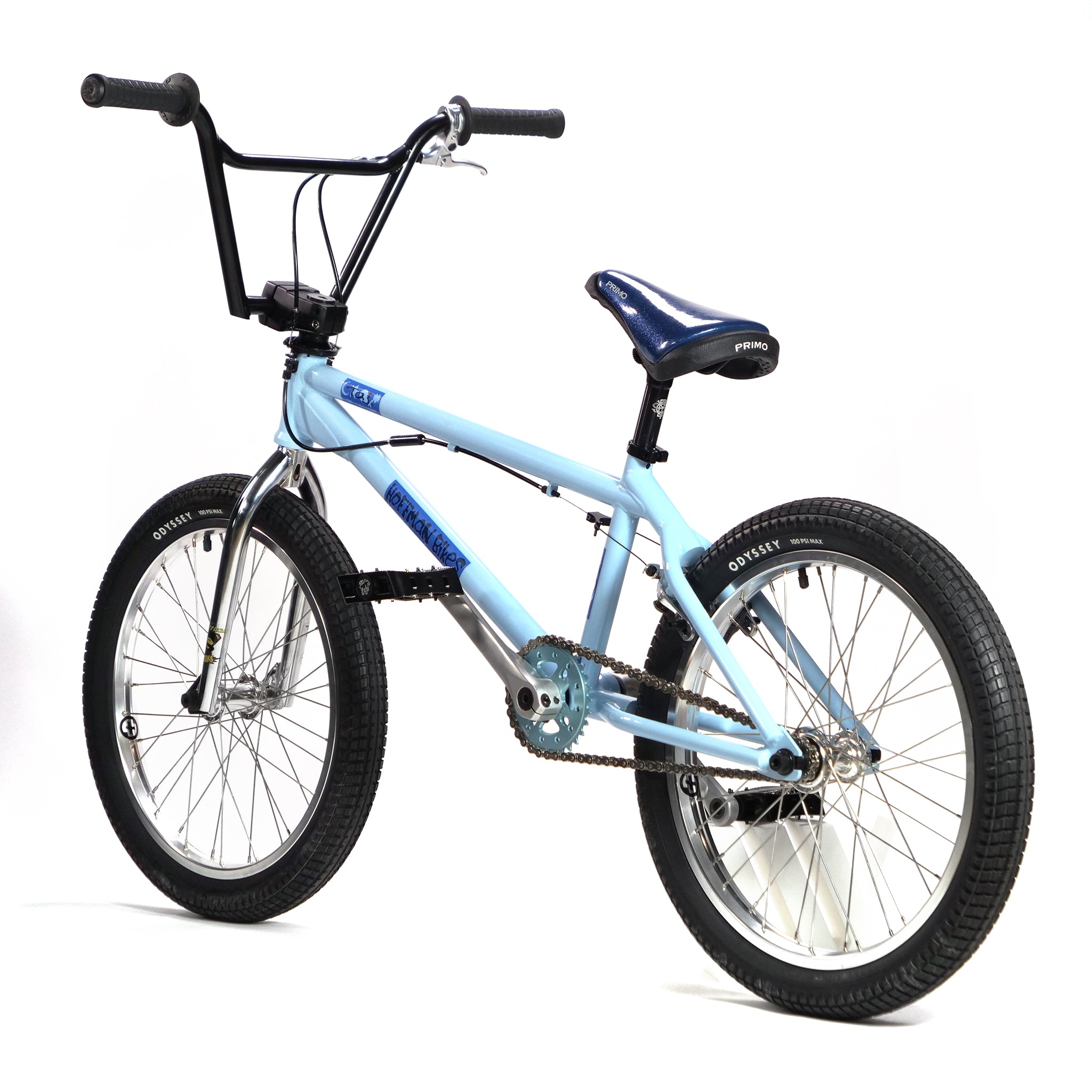 The Hoffman TAJ Trend Adjacent Joy 20-inch custom BMX bike, reminiscent of Taj Mihelich's freestyle designs, boasts black handlebars and seat, silver pedals, and black wheels. It is shown at an angle on a white background.