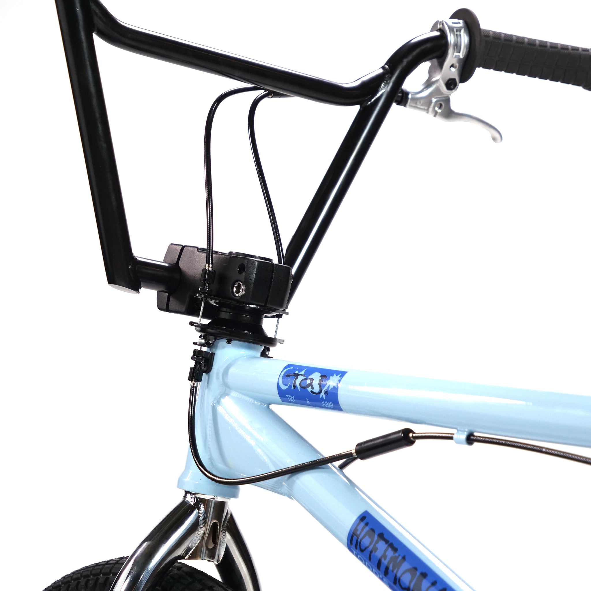 Close-up of a BMX handlebar, featuring cables and brake lever, attached to a light blue frame of the Hoffman TAJ Trend Adjacent Joy 20 Inch Custom Bike.