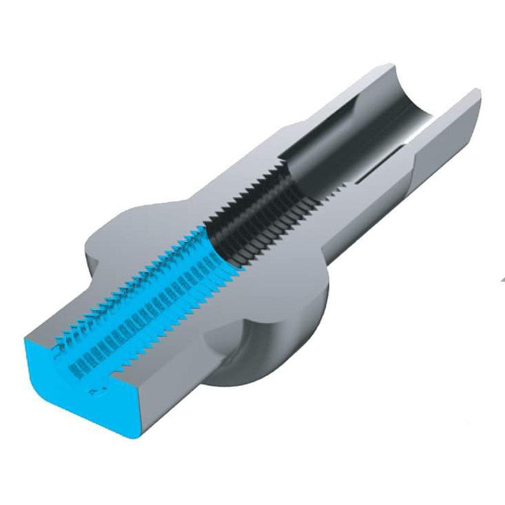 A digital rendering of the Pillar DSN 14g Aluminium AB Lock Nipple, featuring internal and external threads in gray and blue, utilizing the AB-Lock adhesive process for enhanced durability.