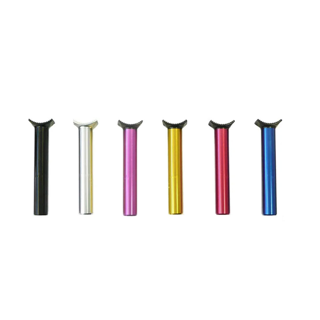 Six Pivotal Seat Posts, each with a 25.4mm diameter and measuring 150mm in length, are available in a striking array of colors—black, silver, pink, gold, red, and blue—and are beautifully arranged in a row against a pristine white background.