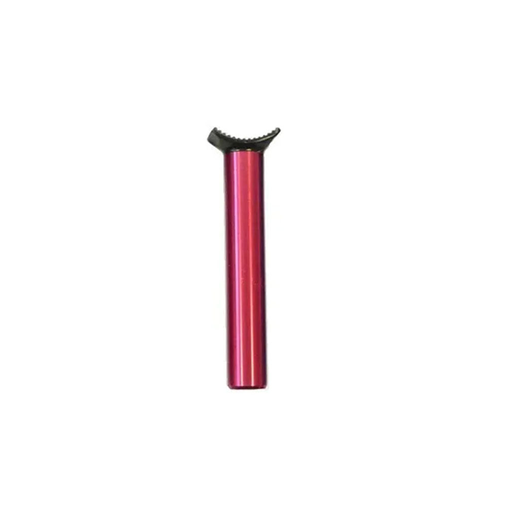 The Pivotal Seat Post 25.4 x 150mm is a red metal object with a diameter of 25.4mm, characterized by its cylindrical shape and a black, curved top.