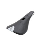 The Pride Pivotal Race Control Seat is a black bicycle saddle featuring a center cutout and a logo on the back.