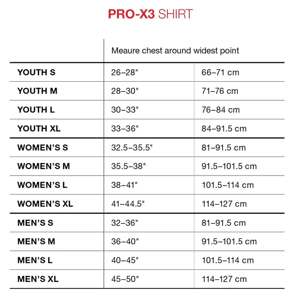 The size chart for the G-Form Youth Pro-X3 Shirt provides chest measurements in inches and centimeters for Youth S-XL. It features SmartFlex padding that combines ultimate comfort with advanced protection.