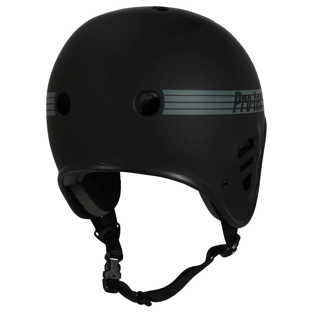 The Protec Fullcut Certified Helmet is a sleek, black protective helmet featuring a secure chin strap and ventilation holes for comfort.