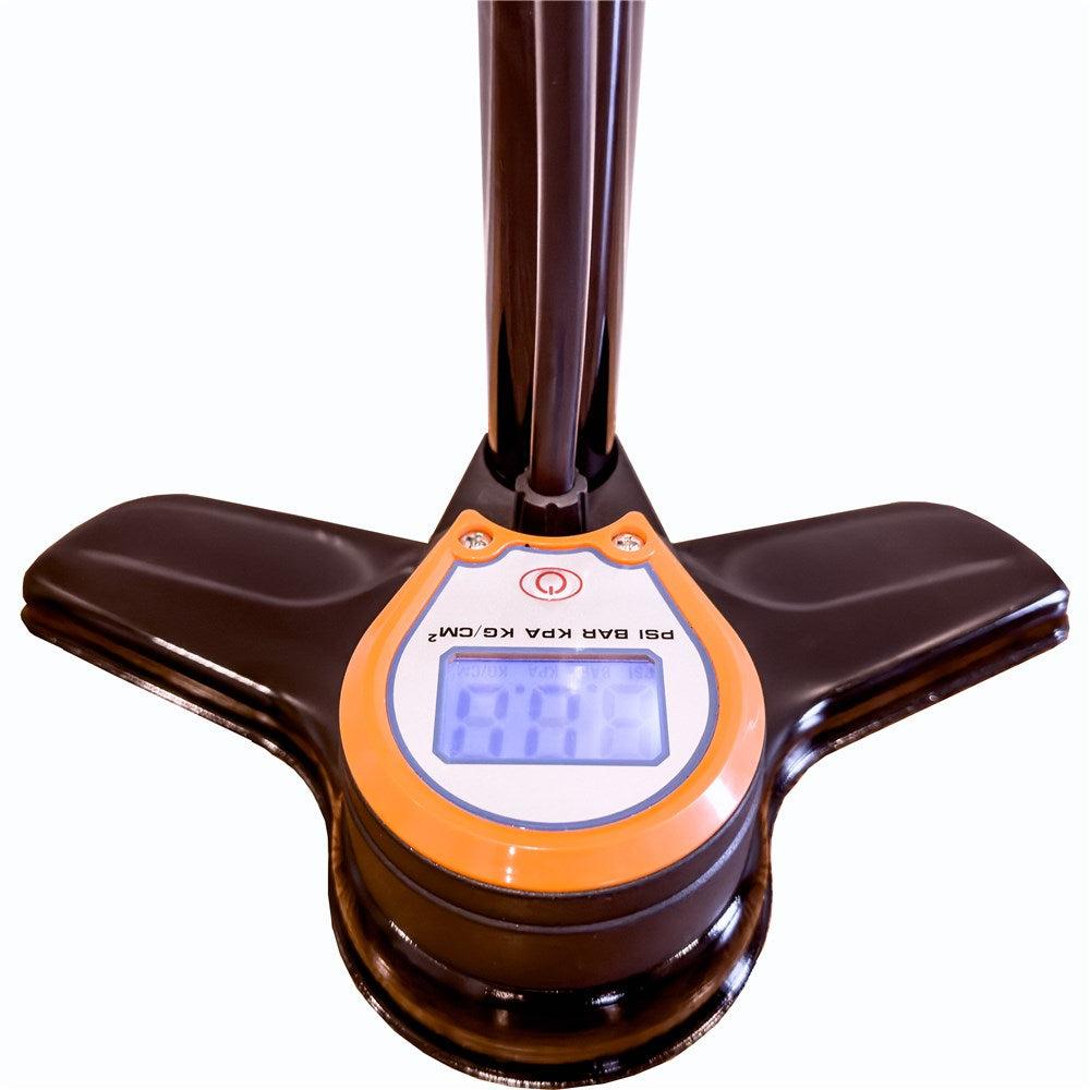 The QBP Air Elite Digital Gauge Floor Pump displays a clear "0.63" reading on its digital gauge, set within an orange frame with black details, emphasizing precision and reliability.