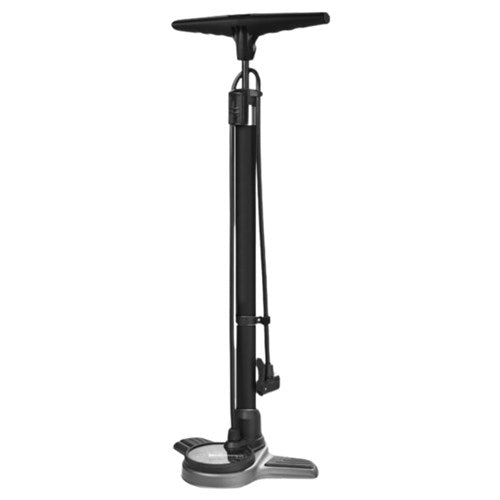 The QBP Air Raid Floor Pump is a sleek black pump with a T-shaped handle and long hose. It features a sturdy steel barrel on a reflective base and includes a high-pressure head for efficient inflation.