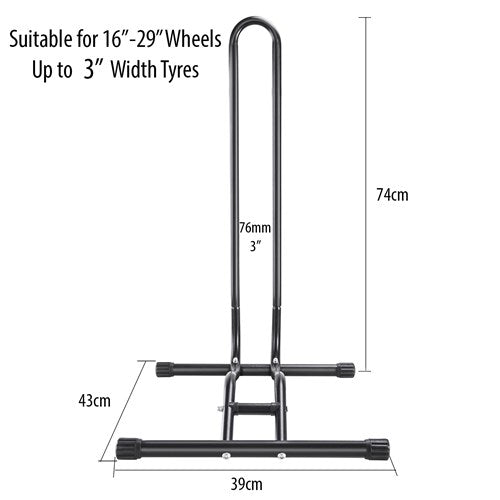 The QBP Bike Stand supports wheels from 16"-29" with tire widths up to 3" and measures 74cm in height, 43cm in depth, and 39cm in width.