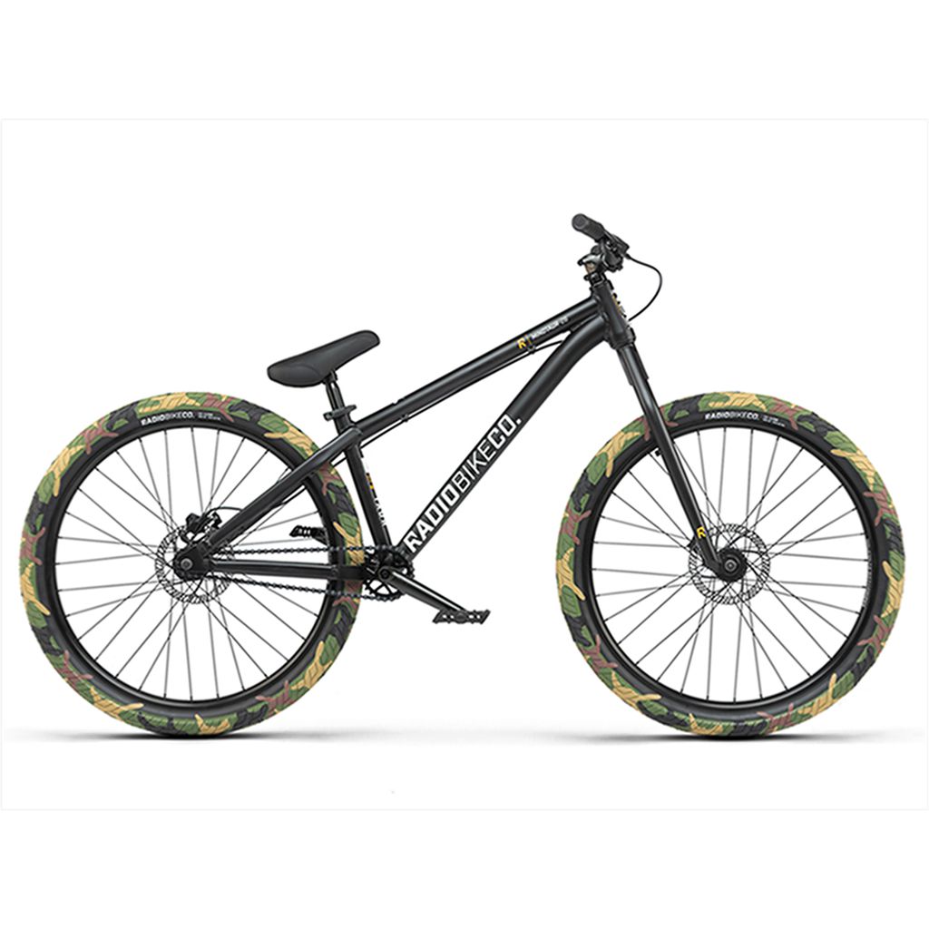 The Radio 26 Inch Minotaur Bike, a black BMX with a sleek design, boasts green camouflage-patterned tires and a durable 6061-T6 alloy frame. This dirt/pump track beast from RADIObikeco is built for both performance and style.