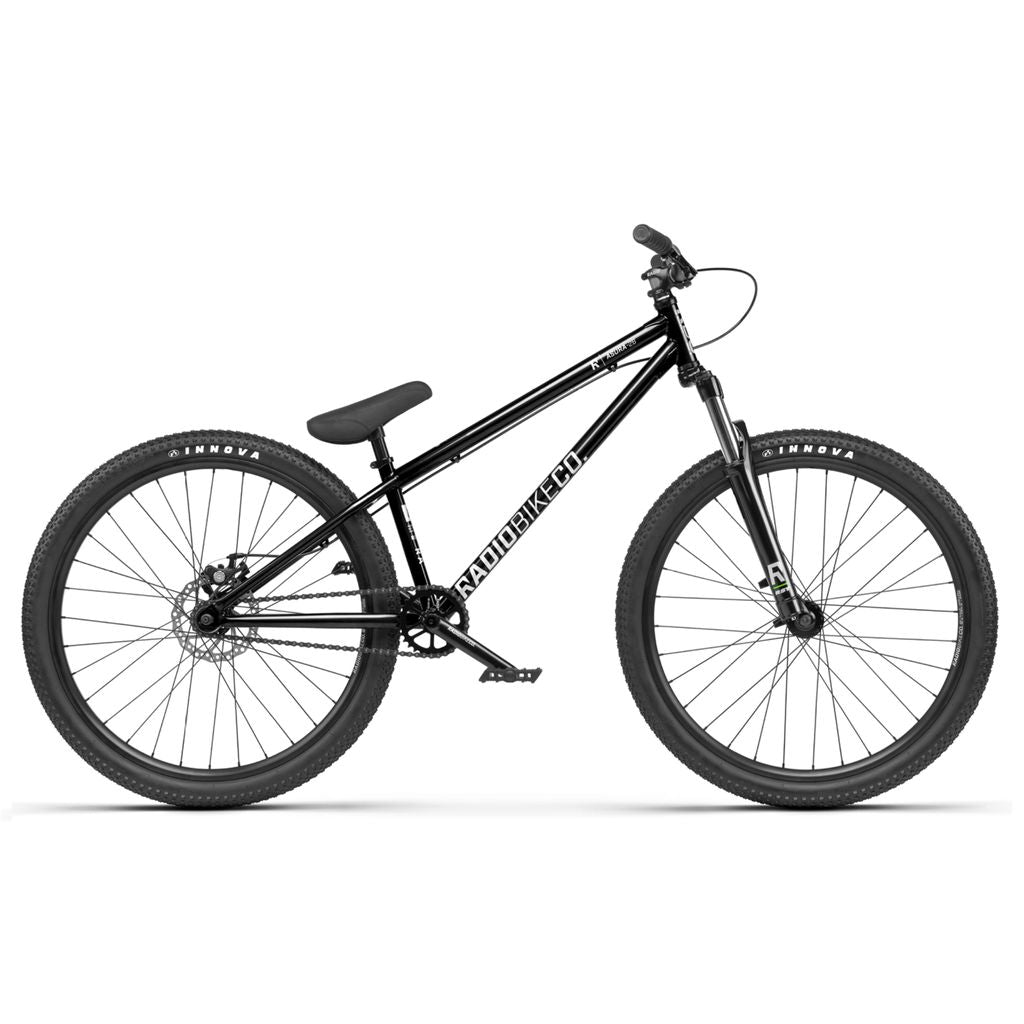 The Radio 26 Inch Asura Bike is a sleek black bicycle featuring a durable chromoly frame, thick INNOVA-branded tires, and 26-inch wheels. This single-gear bike boasts straight handlebars and a compact seat for a streamlined ride.