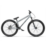 The Radio 26 Inch Asura Pro Bike boasts a sleek silver BMX design with black tires branded with Maxxis, featuring a sloped top tube, flat handlebars, and a single gear setup. This model excels due to its robust dirt jump frame and precision hydraulic disc brake system.