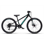 A Radio 24 Inch Zuma Sus Bike in black and green, featuring a lightweight alloy frame, thick tires, and a sturdy build, is shown against a plain white background. The bike is equipped with disc brakes and a flat handlebar.