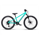 The Radio 24 Inch Zuma Sus Bike features a turquoise hardtail mountain bike design with front suspension, disc brakes, a black seat, and black Kenda tires on a white background. This lightweight alloy frame is ideal for beginners in the world of mountain biking.