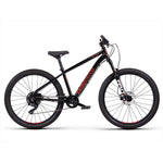 Introducing the Radio 26 Inch Zuma Sus Bike, a sleek black and red suspension bicycle equipped with thick, durable tires, a lightweight alloy frame, and disc brakes—perfectly designed for off-road adventures. Its front suspension fork ensures smooth rides while the brand name is prominently displayed on the frame.