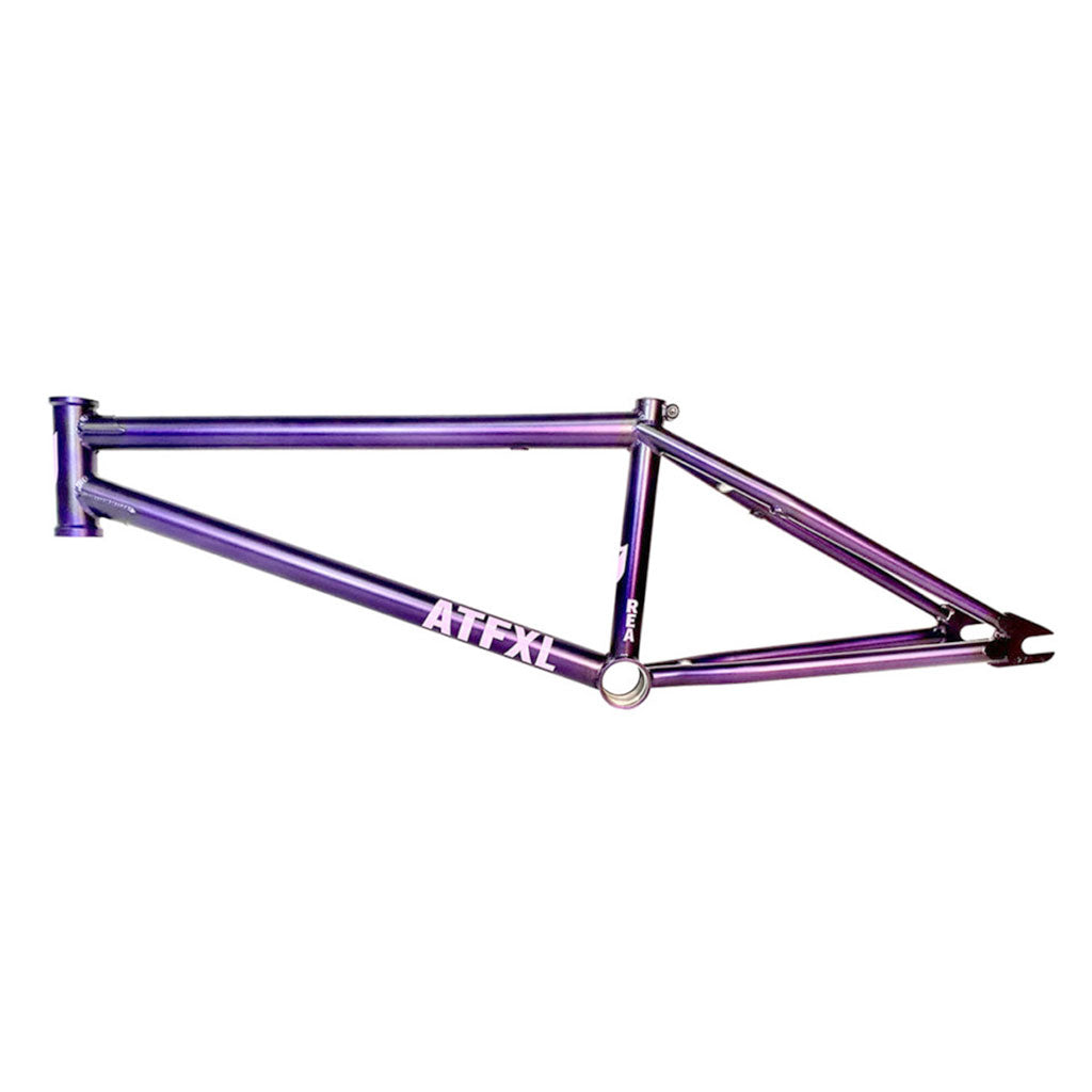 A gradient purple BMX bike frame in the Purple Haze colorway labeled "ATF XL (Aryei Levenson) Frame" in white text on the lower tube.