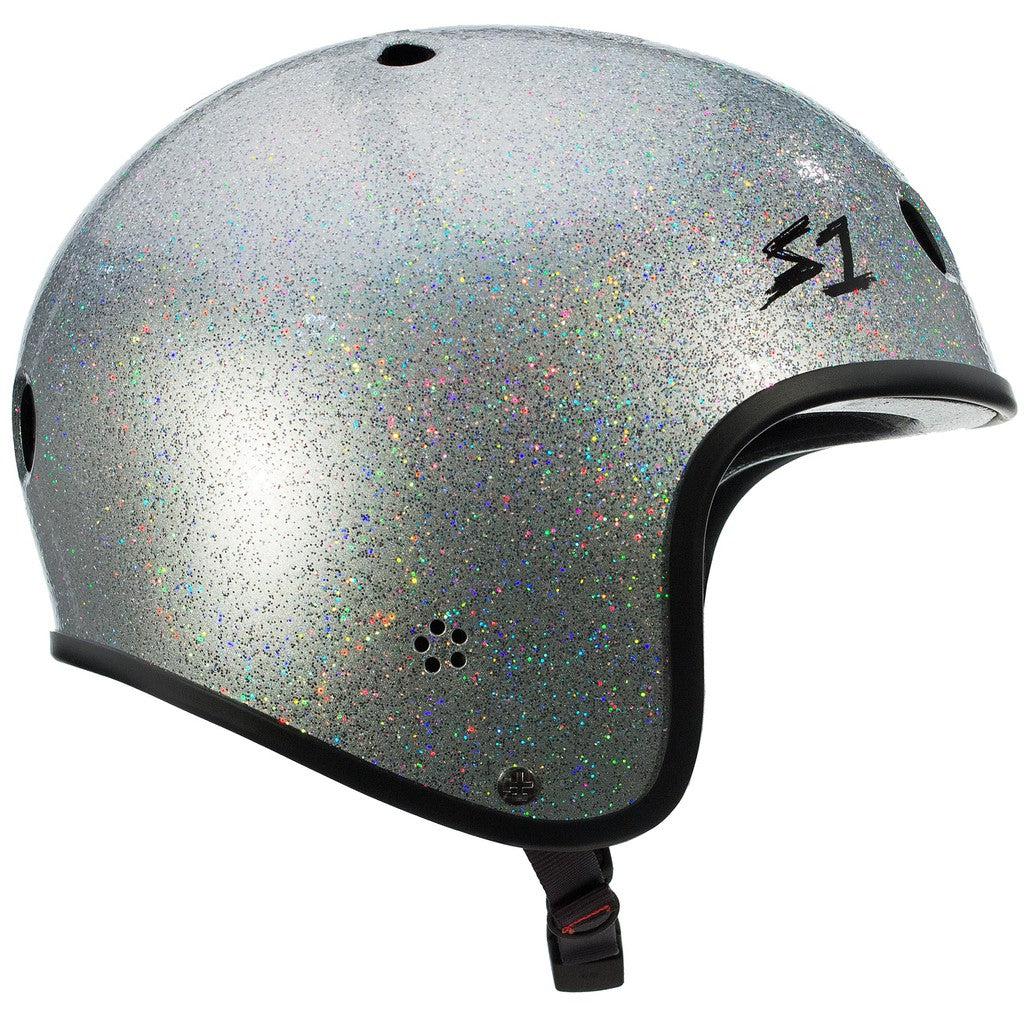 The S-One Helmet Retro Lifer Silver Gloss Glitter is a silver glittery helmet with black trim, ventilation holes, and a chin strap. This multi-impact helmet features the "S1" logo on the side and is designed for high-impact protection.