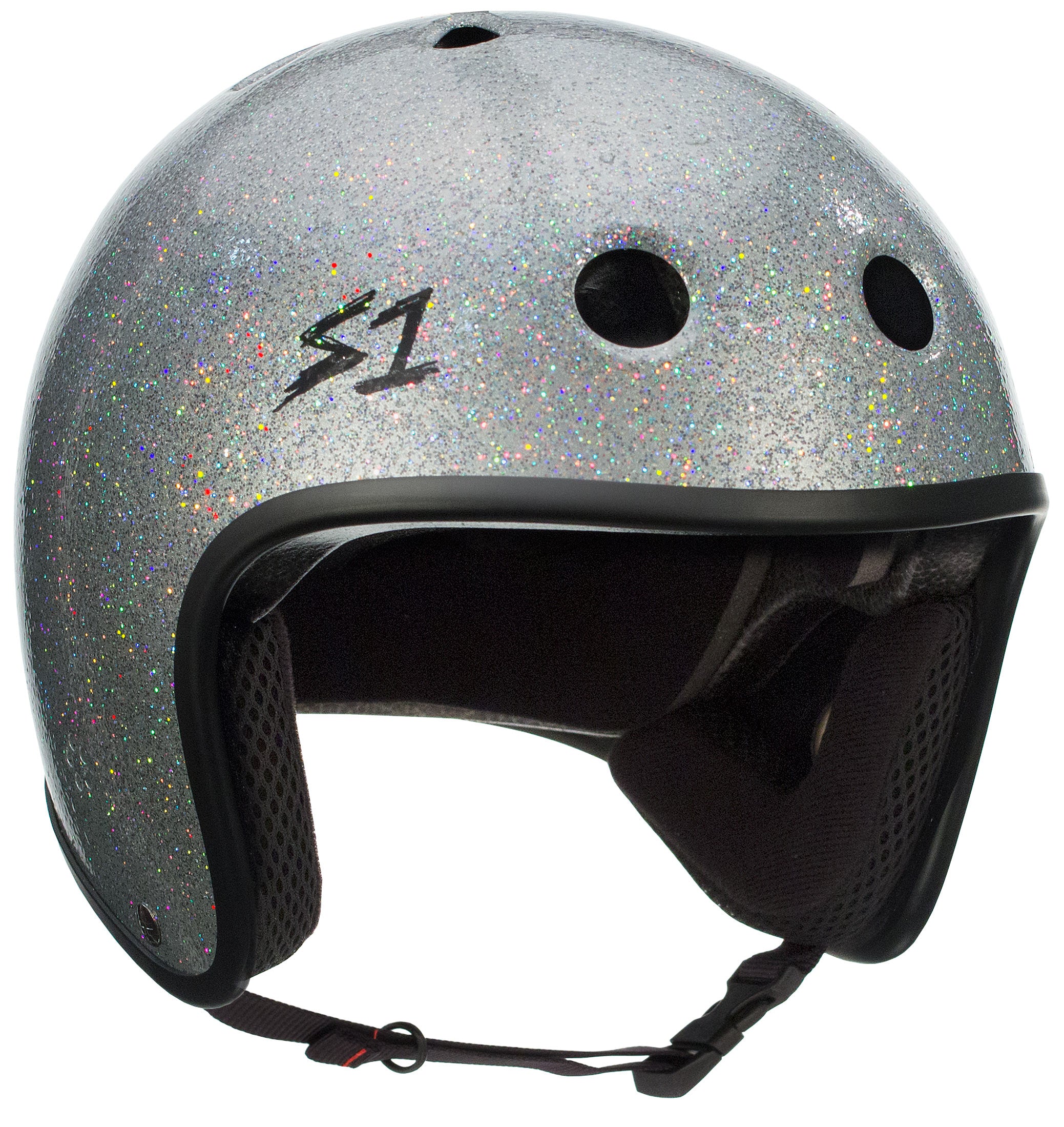 A silver multi-impact helmet with a glittery finish, featuring ventilation holes, soft interior padding, and an adjustable chin strap. The S-One Helmet Retro Lifer Silver Gloss Glitter boasts high-impact protection and a stylish "S1" logo on the side.