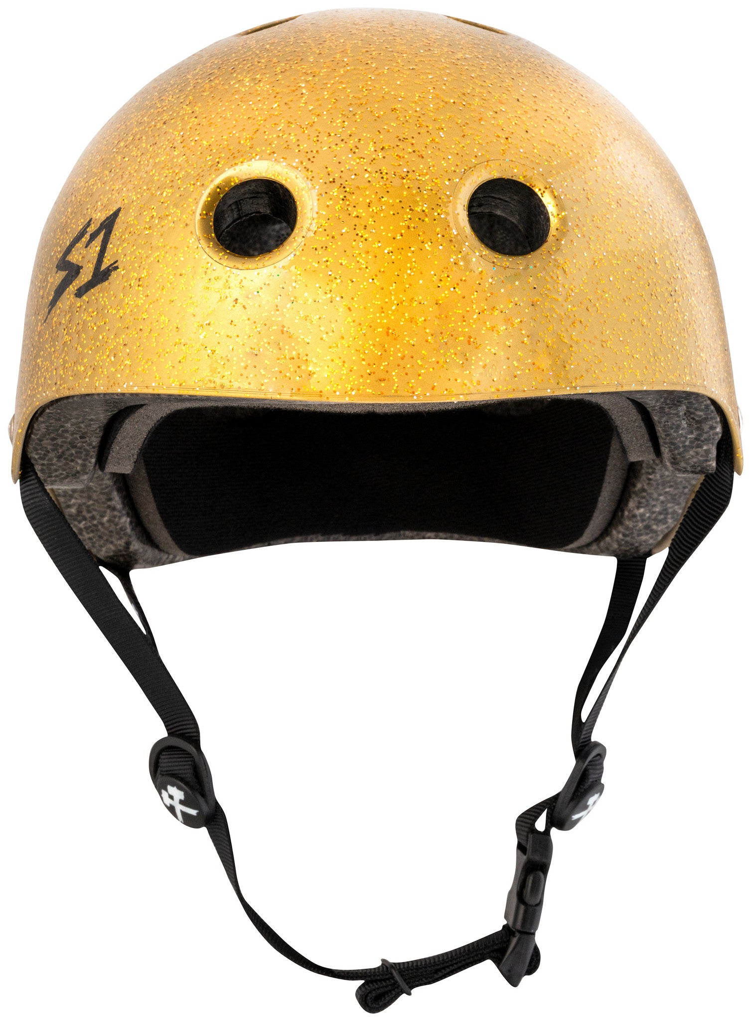 A S-One Helmet Lifer Gold Glitter with two ventilation holes in the front, black interior padding, and adjustable chin straps.