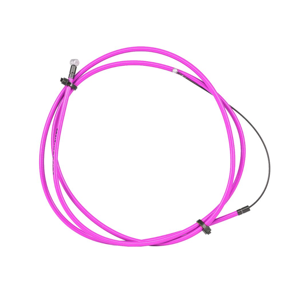 A coiled pink Salt Am Slick Brake Cable with black connectors and a small clear bulb at one end, featuring a poly-slip coated stainless slick inner cable for smooth performance.