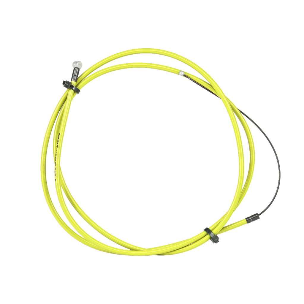 A coiled yellow Salt Am Slick Brake Cable with metallic connectors at both ends, secured with black cable ties.