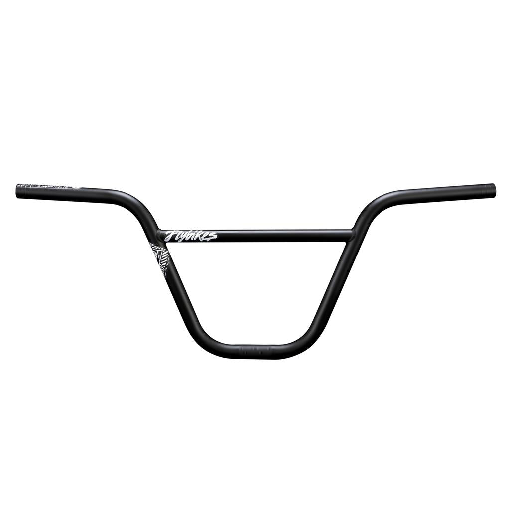 The Fly Bikes Savanna Bars BMX handlebars boast a sleek two-piece design crafted from robust 4130 CrMo and feature a distinctive white logo on the crossbar, upward bend, and comfortable grips on each end.