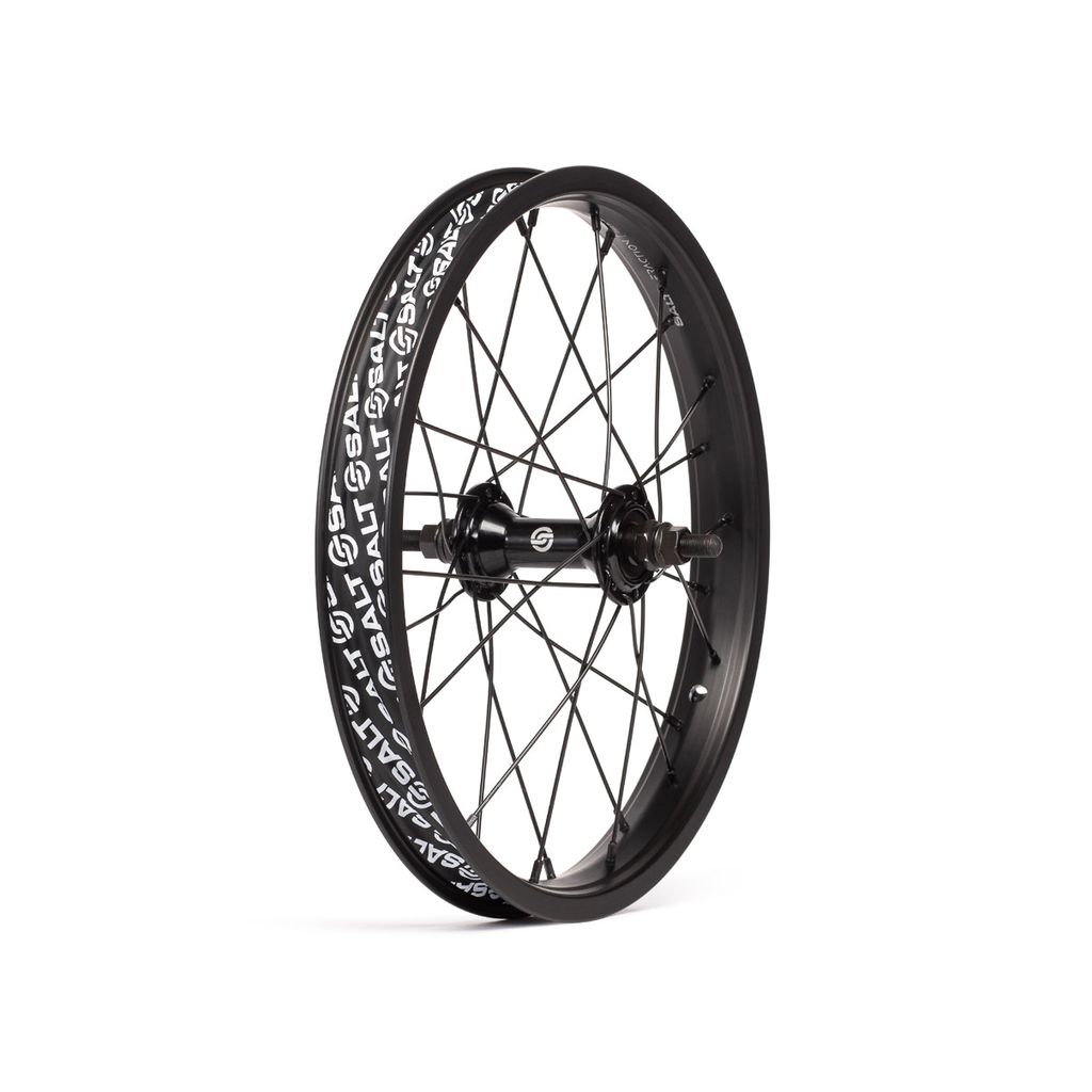 The Salt Rookie 16 Inch Front Wheel features a black rim with white text and black spokes.