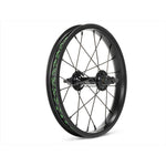 Salt Rookie 14 Inch Front Wheel featuring a black rim with a green logo and silver spokes.