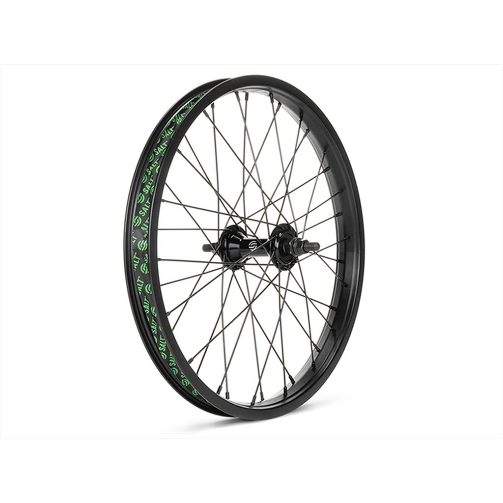 The Salt Rookie 18 Inch Front Wheel features a black rim adorned with green designs, complete with spokes and hubs, set against a simple white background.