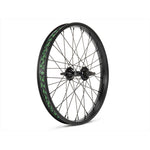 The Salt Rookie 18 Inch Front Wheel features a black rim adorned with green designs, complete with spokes and hubs, set against a simple white background.