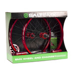 Box containing a pair of vibrant red Salt Valon wheels with drivetrain and 25T sprocket, branded "SALT BMX.