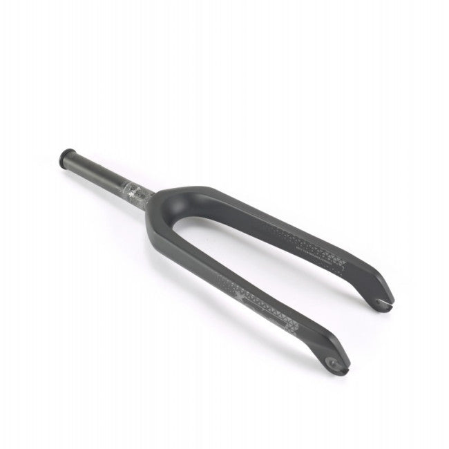 The SD Expert 1 1/8 V2 Carbon Fork 20 Inch 10mm, a sleek black bicycle front fork made from 7000 series aluminium with a cylindrical steerer tube, is displayed against a white background.