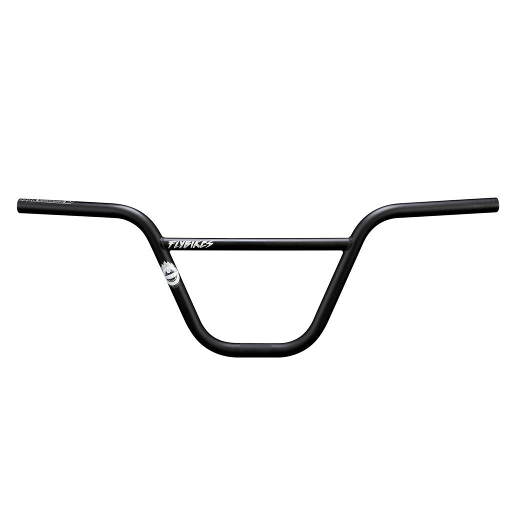 The Fly Bikes Sierra Bars, in black with Sergio Layos' signature design, feature a crossbar and display a white logo near the center. Made from 4130 CrMo and employing multi-butted technology, they offer strength and performance.