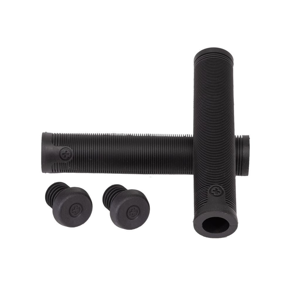 Two black ribbed cylindrical handles and two black end caps with indentation crosses, crafted from super soft material and featuring increased length for extra comfort, displayed on a white background are Salt Plus XL Flangeless Grips.