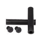 Two black ribbed cylindrical handles and two black end caps with indentation crosses, crafted from super soft material and featuring increased length for extra comfort, displayed on a white background are Salt Plus XL Flangeless Grips.