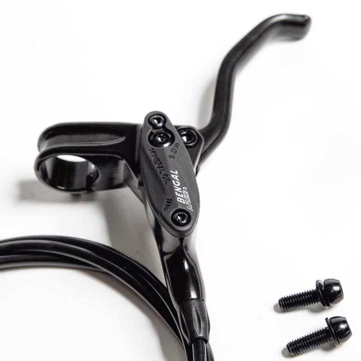 Close-up of the Staystrong Bengal Disc Brake Kit 120mm in black, featuring a brake lever with an attached cable and two screws on a white background. Perfect for BMX disc brake setups, it pairs well with replacement pads for excellent performance.