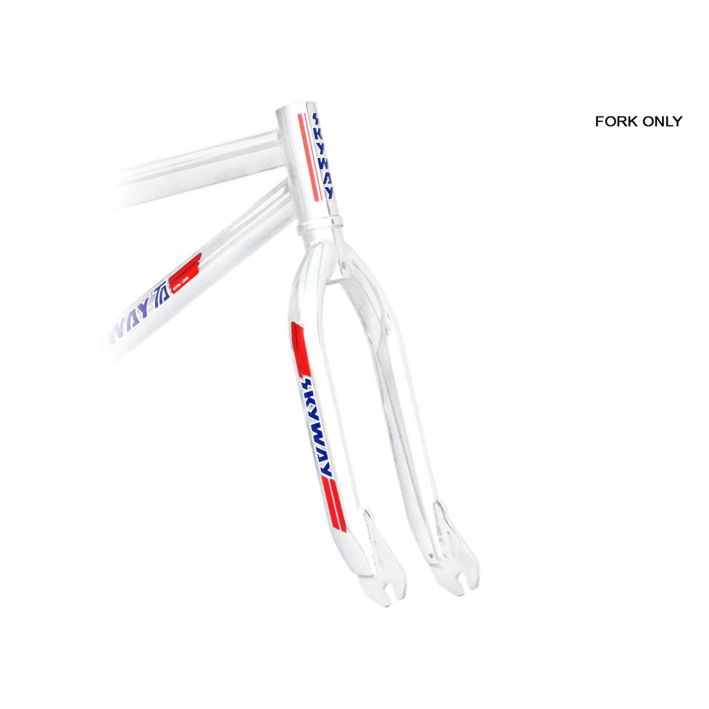 A white Skyway TA 24 Inch Replica Forks with blue and red decals, made from Chromoly teardrop tubing and featuring 3/8 inch dropouts, displayed against a black background.