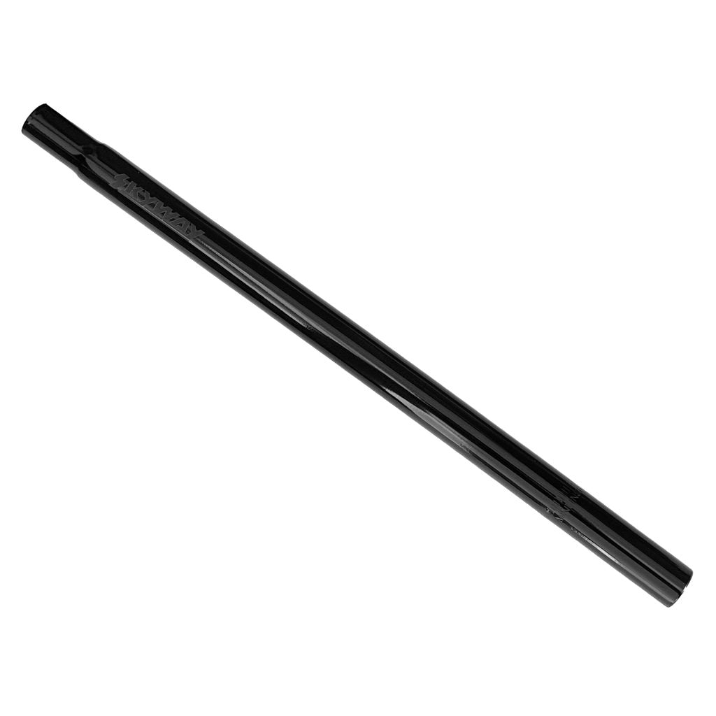 A black drinking straw with the word "Skyway Retro Straight Railed Seat Post" printed on it, isolated on a retro black background.