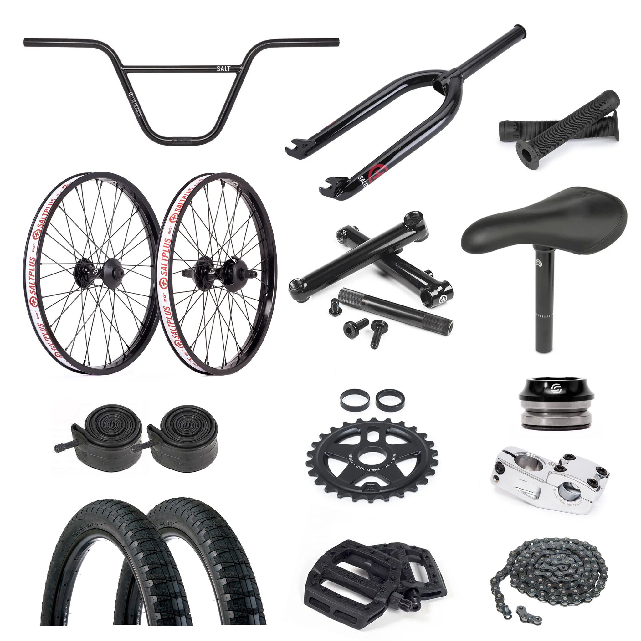 Explore the LUXBMX Selects: Eclat x Salt Pro Bike-Build Kit with top-notch aftermarket parts like handlebars, wheels, forks, tires, pedals, seat, and chain. Components are neatly arranged on a white background for chromoly frame customization.