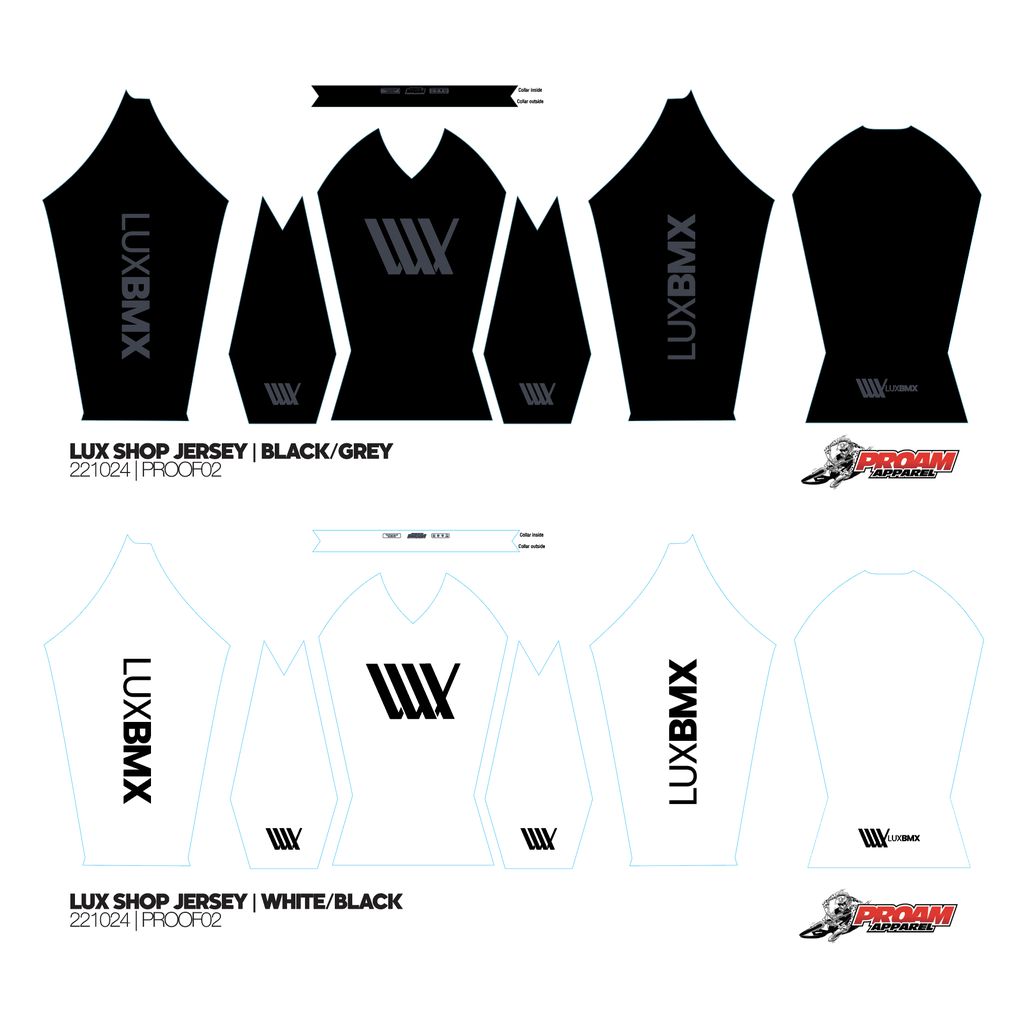 Create designs for two BMX jerseys: a black/grey version and the LUXBMX Race Jersey White V2, both featuring "LUX BMX" and the logo prominently.